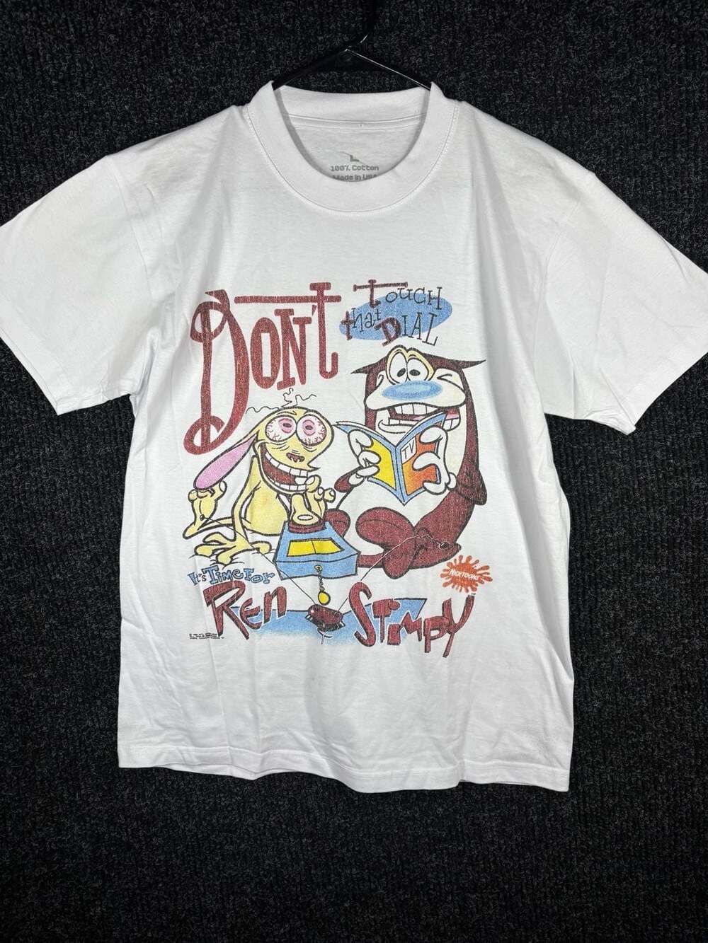 Vintage 1992 REN & STIMPY NICKTOONS DON'T THAT TOUCH DIAL CARTOON TV t-shirt L